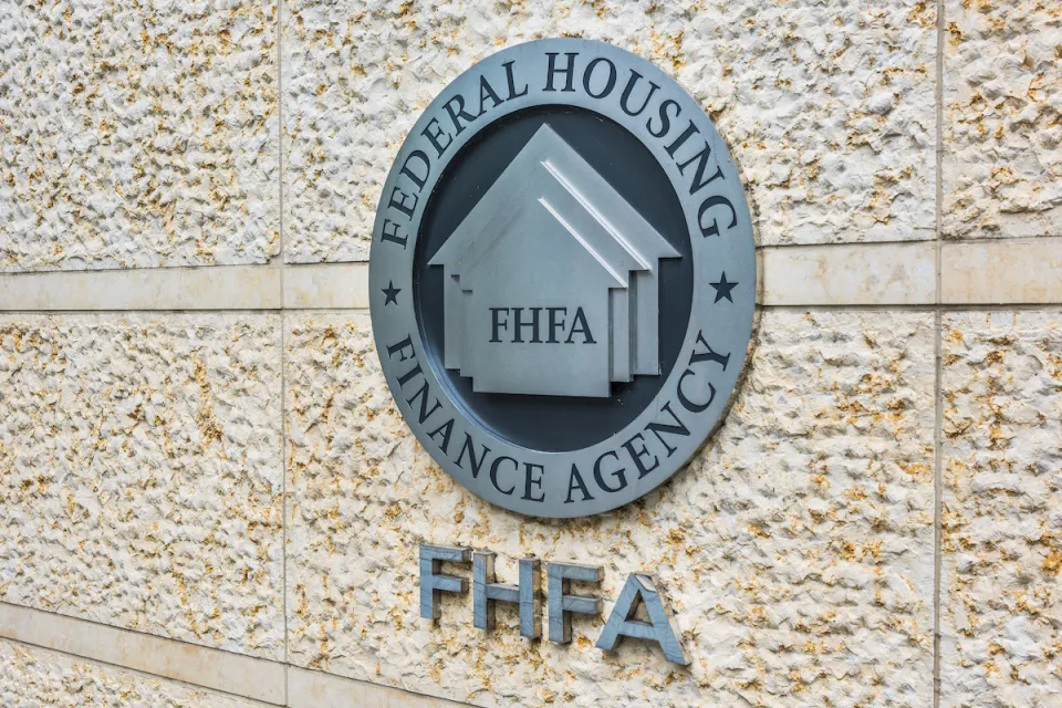 ederal Housing Finance Agency seal in downtown with closeup of sign and logo